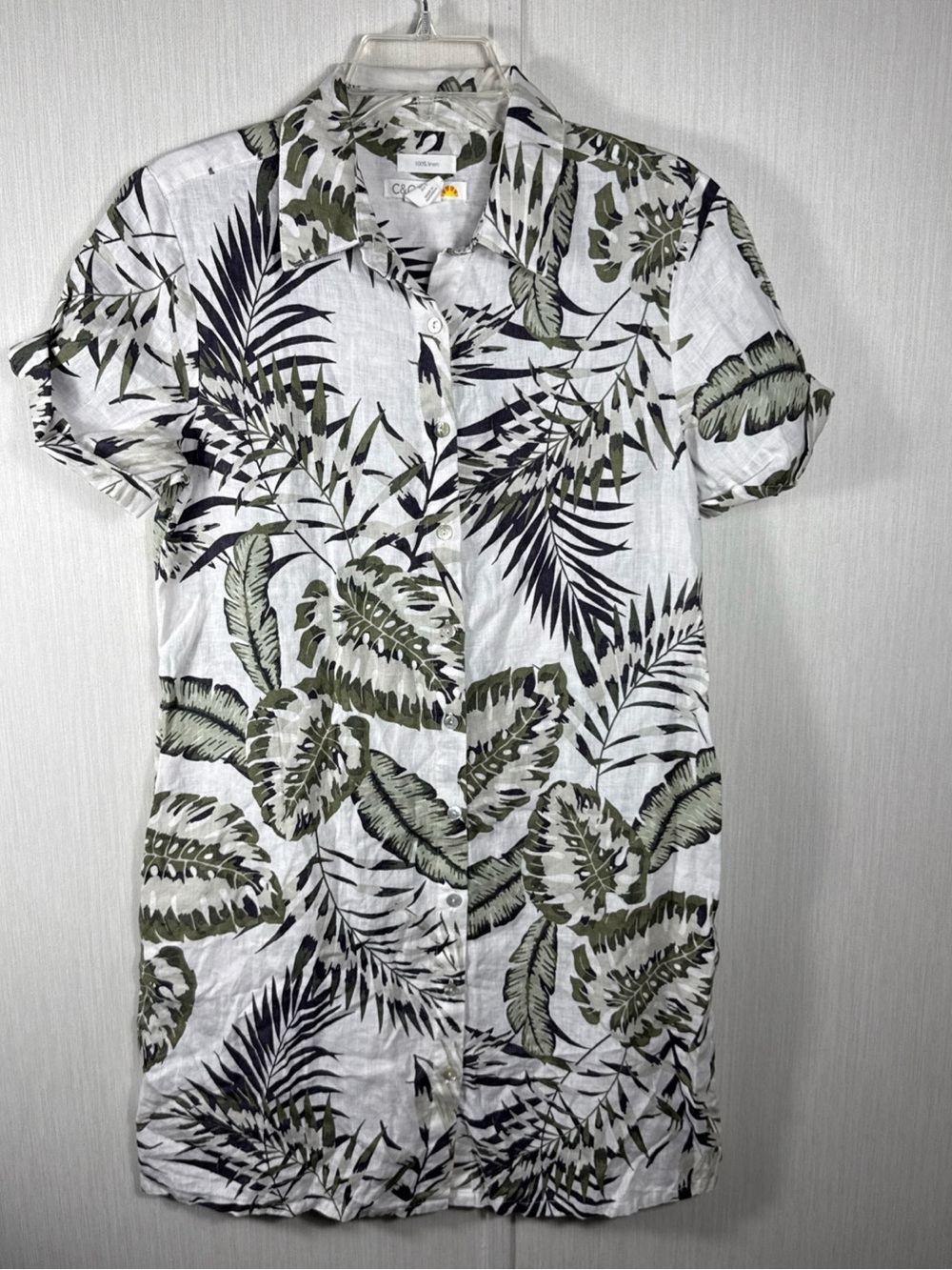 C&C California S 100% Linen Tropical Palm Leaf Print Shirt Dress White Green